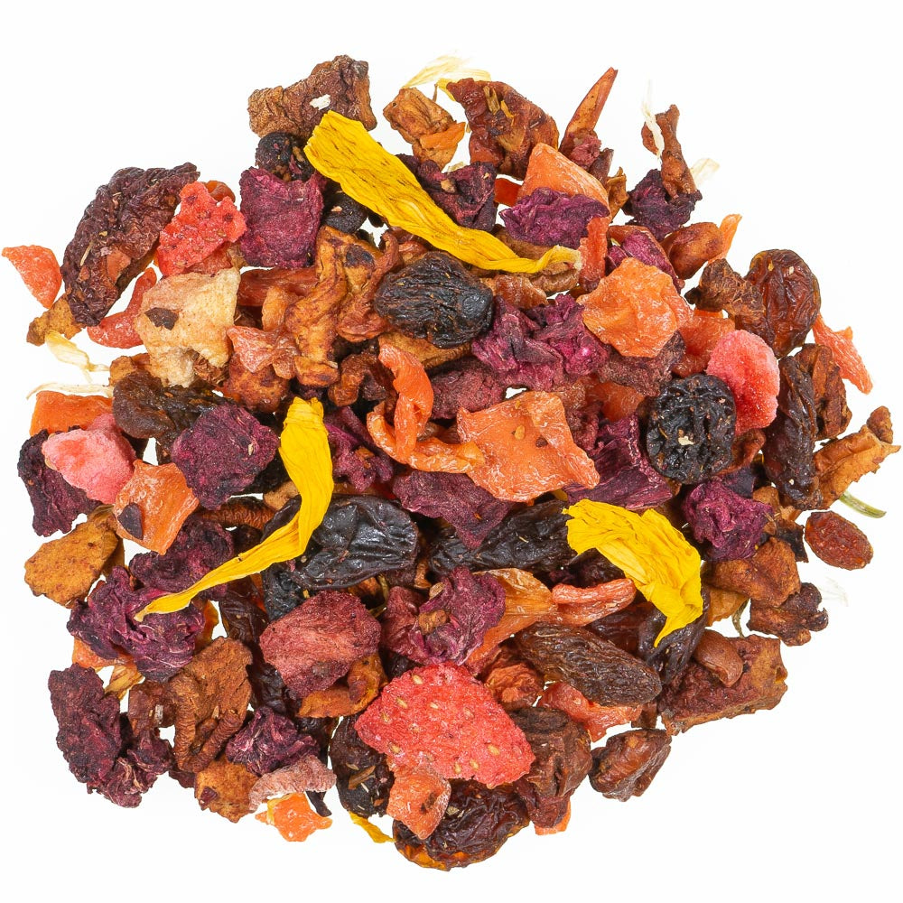 Früchtetee mit Roter Bete, Beeren, Apfelstücken und Blüten – farbenfrohe Mischung mit fruchtig-süßem Charakter