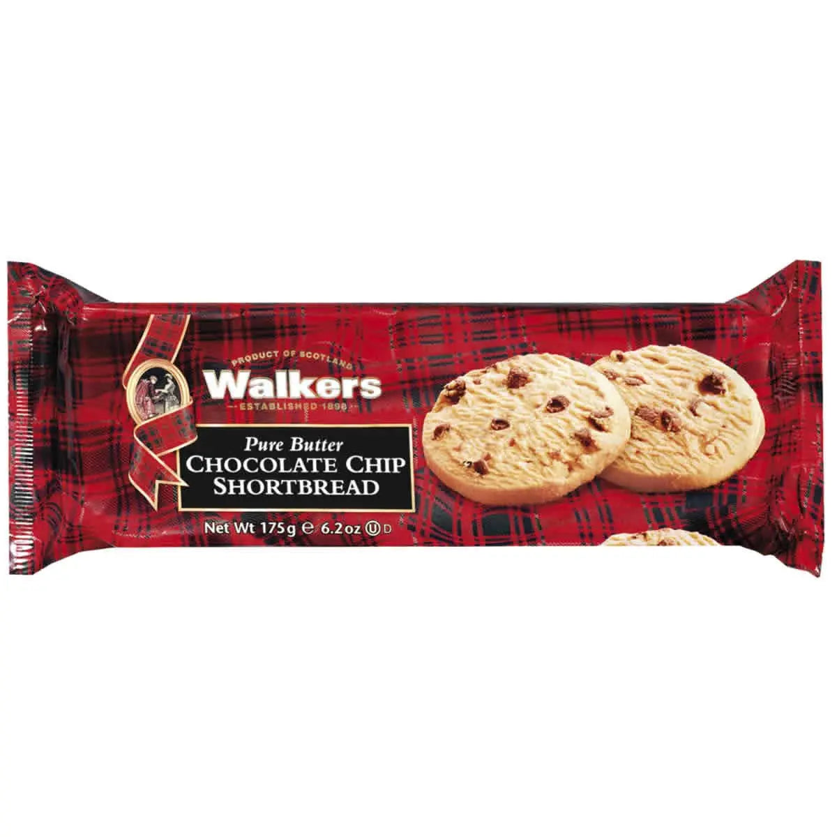 Verpackung von Walkers Pure Butter Chocolate Chip Shortbread, 175 g. Rote Tartan-Verpackung mit zwei abgebildeten Butterkeksen mit Schokoladenstückchen aus Schottland.