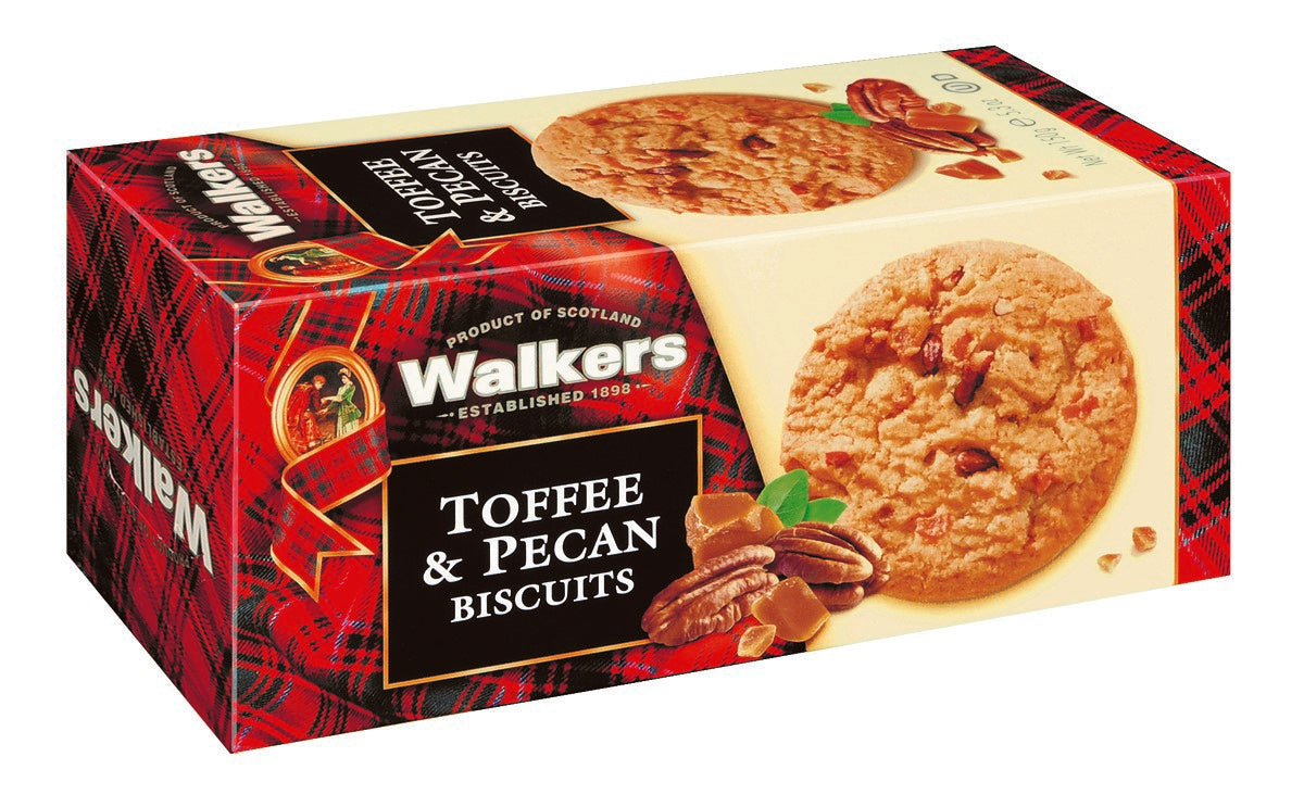 Walkers Toffee & Pecan Biscuits – schottisches Buttergebäck mit Toffee und Pekannüssen in roter Geschenkverpackung, erhältlich bei TeePunkt.