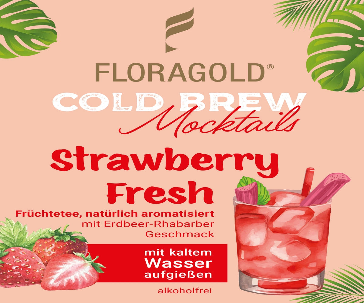 Werbegrafik Floragold Cold Brew Mocktails "Strawberry Fresh", Früchtetee mit Erdbeer-Rhabarber-Geschmack, mit Abbildung eines roten Cocktailglases