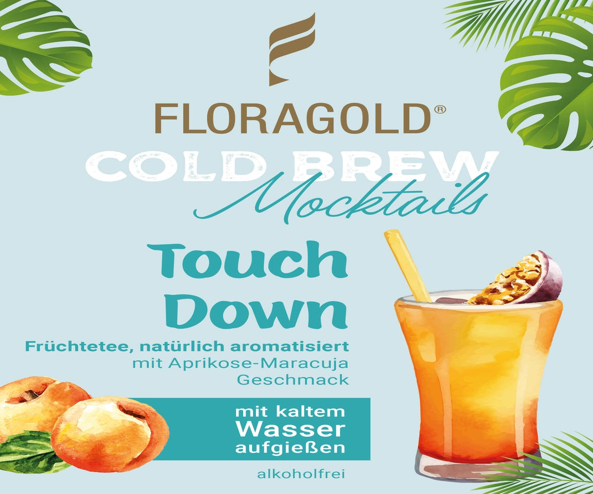 Werbegrafik Floragold Cold Brew Mocktails "Touch Down", Früchtetee mit Aprikose-Maracuja-Geschmack, mit Abbildung eines orangefarbenen Cocktailglases