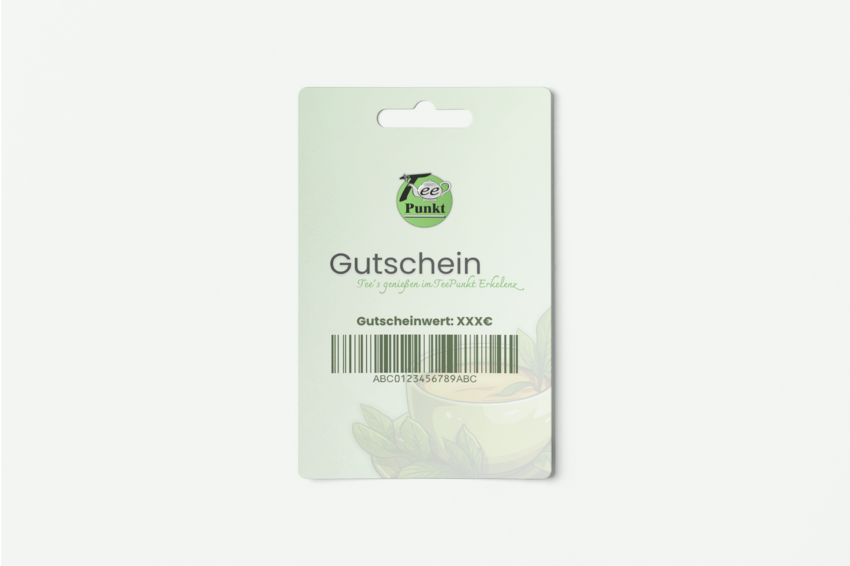 Produktfoto einer TeePunkt Erkelenz Geschenkgutschein-Karte mit Barcode und Gutscheinwert-Feld.