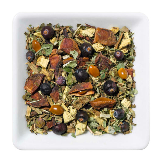 „Sternenmix® Kräuter- und Gewürzteemischung mit Anis, Sternanis, Süßholzwurzel, Wacholderbeeren und Kräutern in weißer Schale“