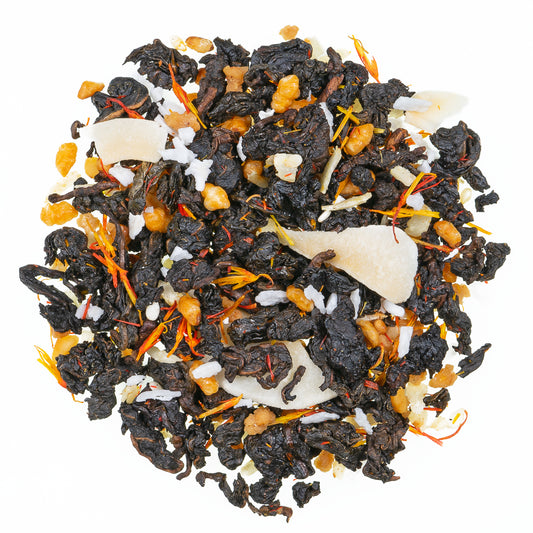 Oolong-Tee mit Kokoschips, geröstetem Sesam und Blüten – aromatische Mischung mit nussig-süßer Note