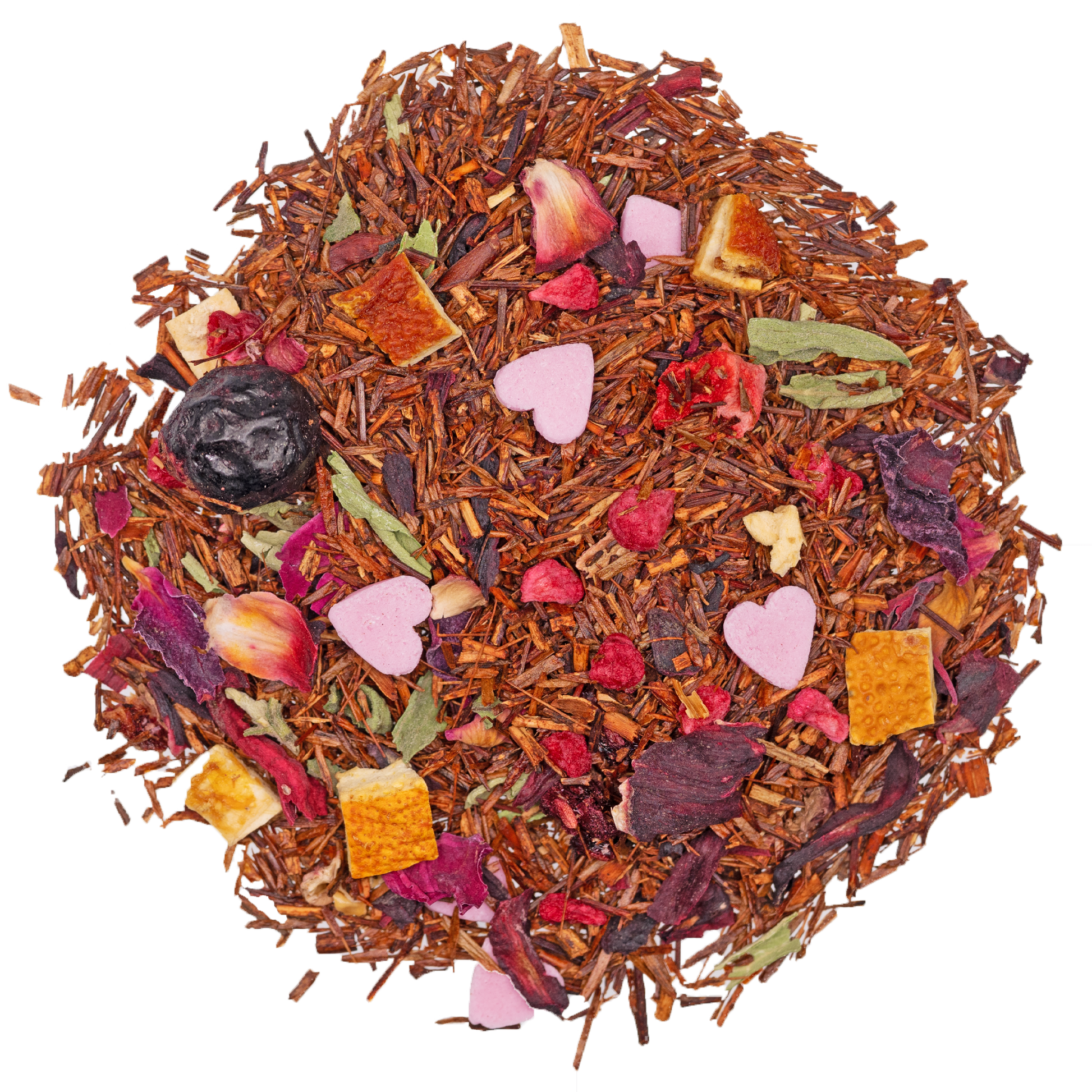 Rooibos-Tee mit Himbeer-Johannisbeer-Note, Fruchtstücken, Blüten und weißen Zuckerherzen – fruchtig-süße Mischung