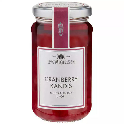 Cranberry Kandis im Glas von L.W.C. Michelsen. Süßer Kandiszucker mit Cranberry Likör, ideal zum Süßen von Tee im Teegeschäft Teepunkt.