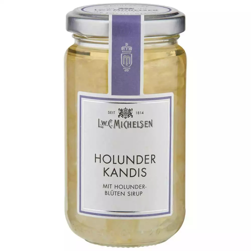 Holunder Kandis im Glas von LWC Michelsen mit Holunderblütensirup. Mild süß und aromatisch, ideal zum Süßen von Tee im Teegeschäft Teepunkt.