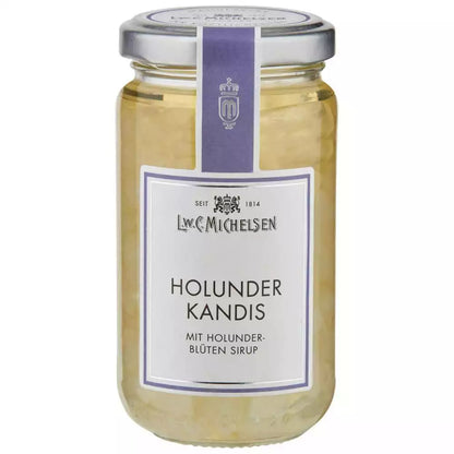 Holunder Kandis im Glas von LWC Michelsen mit Holunderblütensirup. Mild süß und aromatisch, ideal zum Süßen von Tee im Teegeschäft Teepunkt.