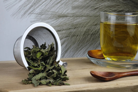 Pfefferminztee ganz in Teetasse, goldgelber Aufguss, lose Pfefferminzblätter im Sieb