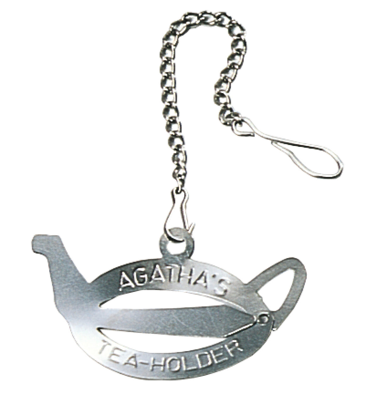 Silberner Teeanhänger in Teekannenform mit der Gravur "Agatha's Tea-Holder", befestigt an einer Kette mit Karabinerhaken