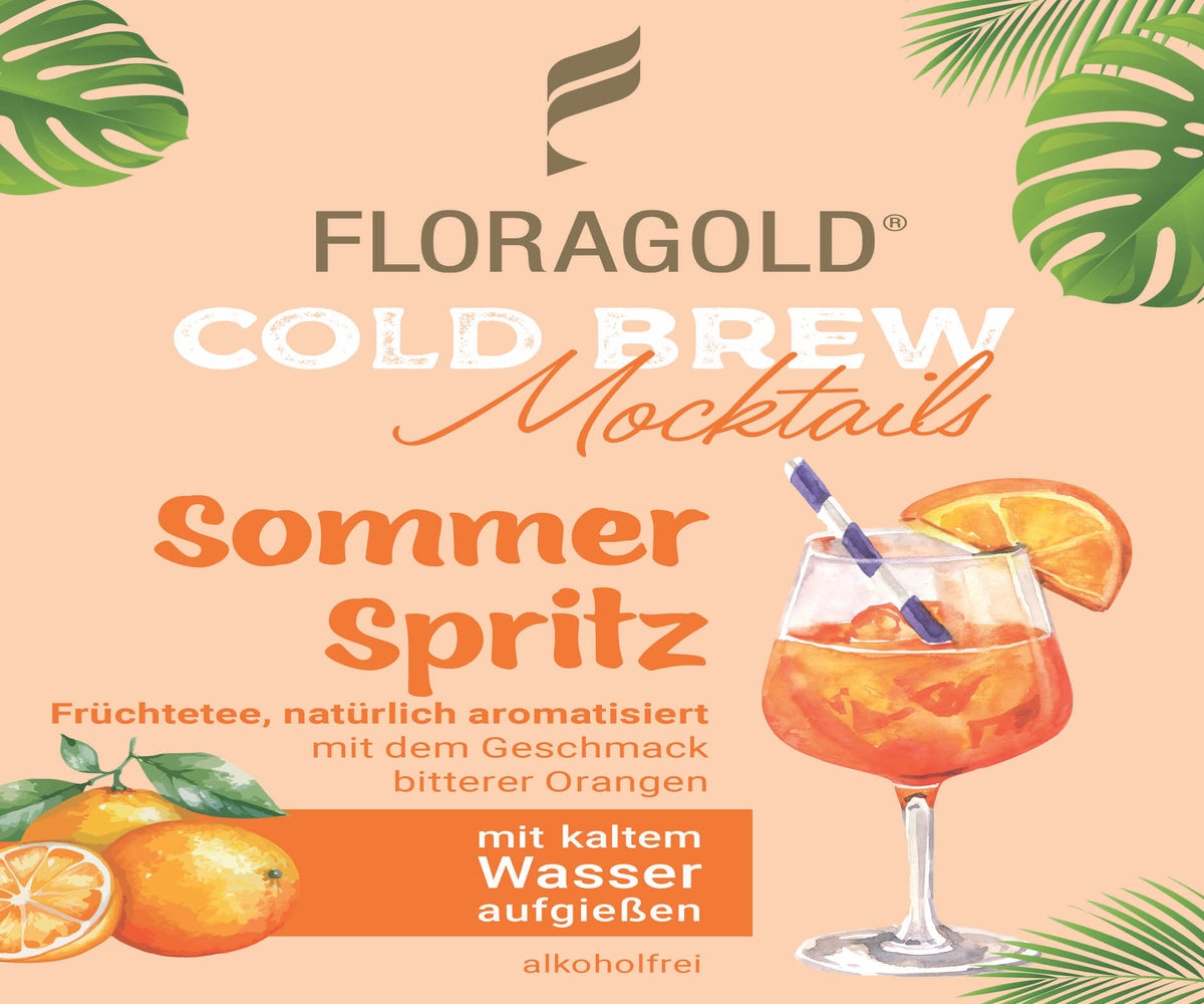 Werbegrafik Floragold Cold Brew Mocktails "Sommer Spritz", Früchtetee mit Geschmack bitterer Orangen, mit Abbildung eines Cocktailglases mit Orangenscheibe