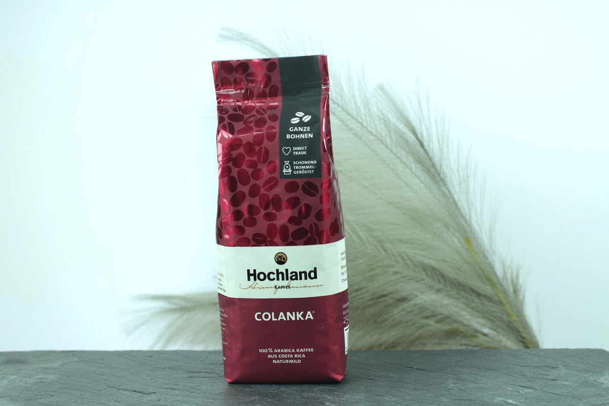 Produktfoto der Verpackung des Hochland Kaffees Colanka®, ein Single Origin Röstkaffee aus 100% Arabica-Bohnen aus Costa Rica, naturmild.