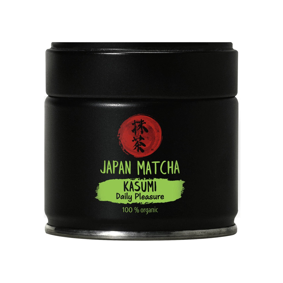 Schwarze Dose "Japan Matcha Kasumi Daily Pleasure", 100% organic, freigestellt vor weißem Hintergrund