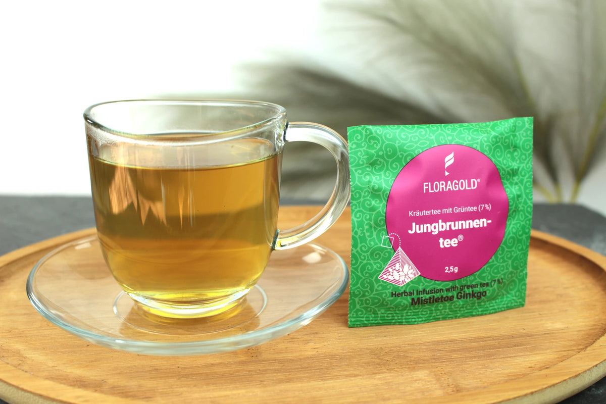 Produktfoto einer Tasse Tee und der Verpackung von Jungbrunnentee, erfrischender Kräutertee in Teebeuteln mit Grüntee, Mistel und Ginkgo.