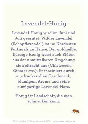 Infotext-Grafik über Lavendel-Honig: Ernte im Juni und Juli, wilder Lavendel aus Portugal, goldgelber flüssiger Honig mit blumigem Aroma und Lavendel-Note