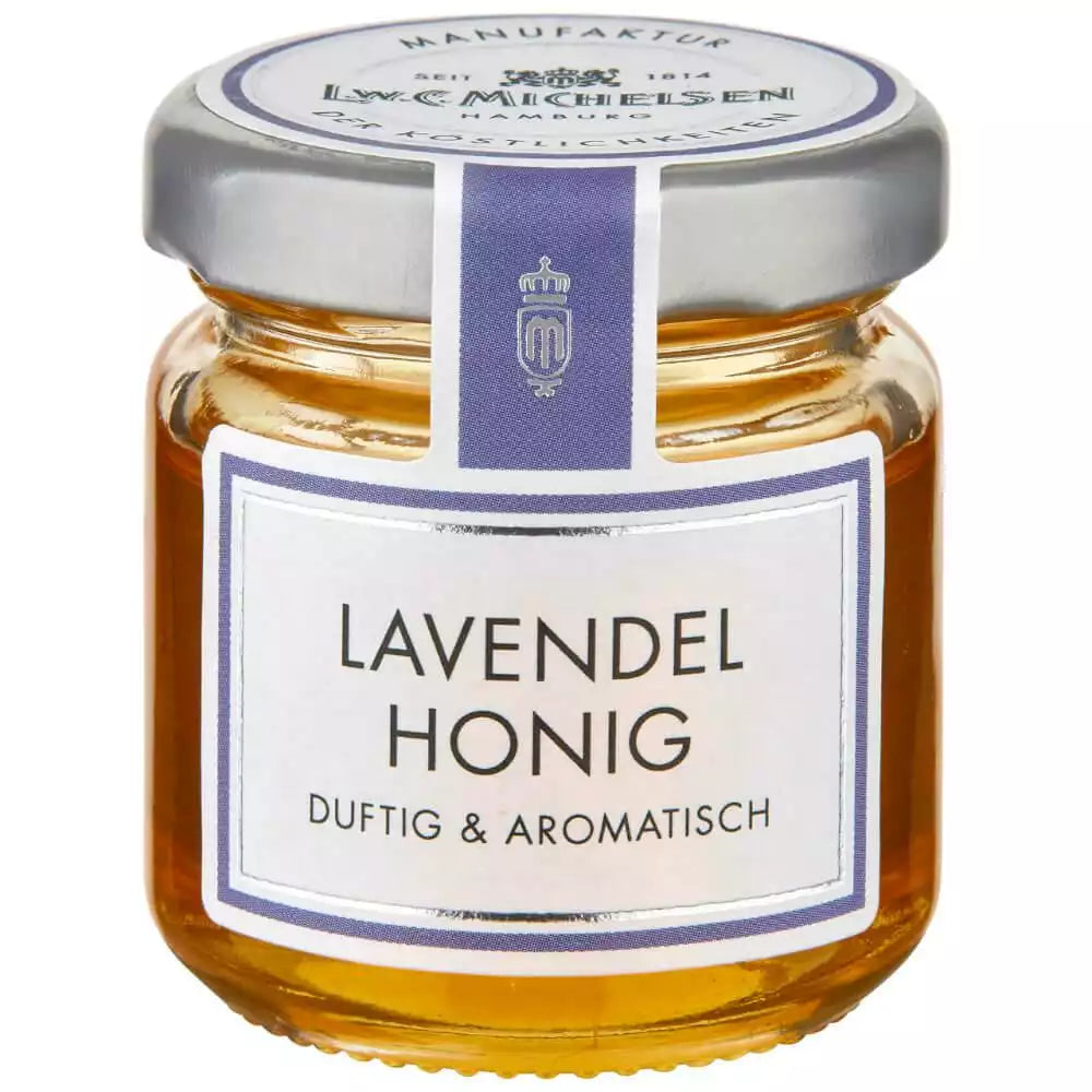 Glas Lavendelhonig "duftig & aromatisch" von L.W.C. Michelsen mit silbernem Deckel