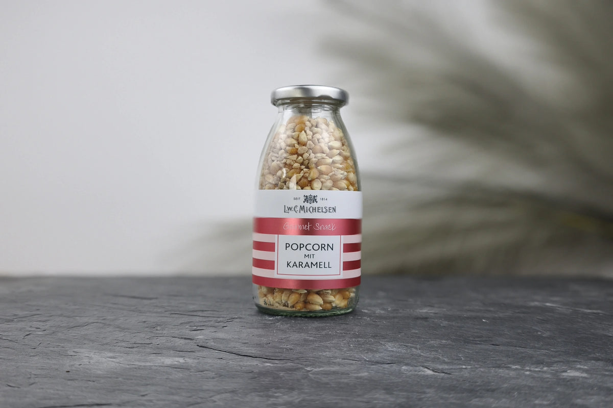 Produktfoto der Flasche mit Karamell-Popcorn von L.W.C. Michelsen – süßer Genuss für besondere Momente.
