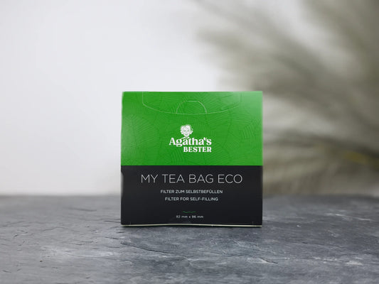 Produktfoto der Verpackung mit My Tea Bag Eco, Papierfilter mit Kordelzug zum Selbstbefüllen, 82 mm x 96 mm.