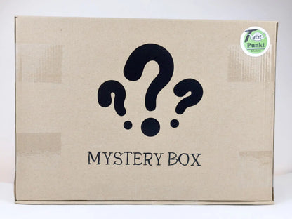 Geschlossener brauner Karton mit der Aufschrift "Mystery Box", Fragezeichen und TeePunkt-Erkelenz-Aufkleber