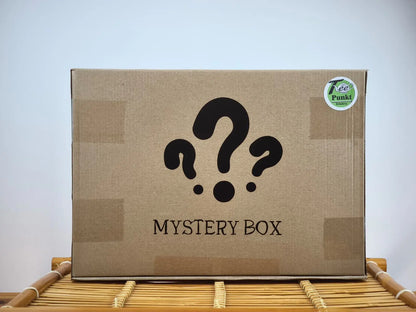 Geschlossener brauner Karton mit der Aufschrift "Mystery Box", Fragezeichen und TeePunkt-Erkelenz-Aufkleber, stehend auf einer Bambusmatte