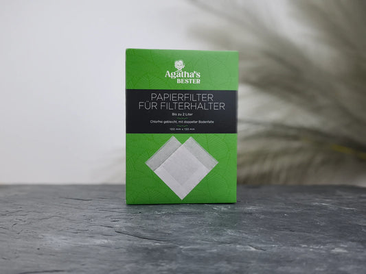 Produktfoto der Verpackung mit Papierfiltern für Filterhalter von Agatha's Bester, chlorfrei gebleicht und mit doppelter Bodenfalte, bis zu 2 Liter.