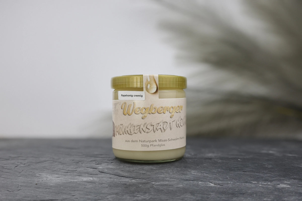 Produktfoto des Glases mit cremigem Rapshonig "Wegberger Münsterstadt Honig" (500g) auf einer Steinplatte.