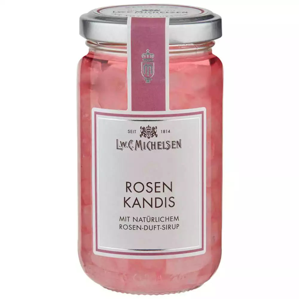 Glas "Rosen Kandis mit natürlichem Rosen-Duft-Sirup" von L.W.C. Michelsen mit silbernem Deckel und rosa Etikett