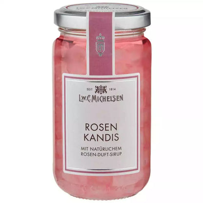 Glas "Rosen Kandis mit natürlichem Rosen-Duft-Sirup" von L.W.C. Michelsen mit silbernem Deckel und rosa Etikett