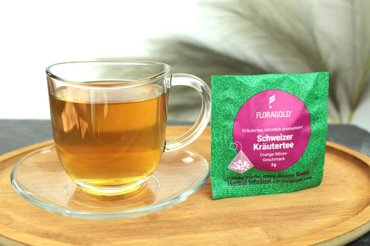 Produktfoto einer Tasse Tee und der Verpackung von Schweizer Kräutertee, frisch und natürlich, mit Orange-Minze-Geschmack.