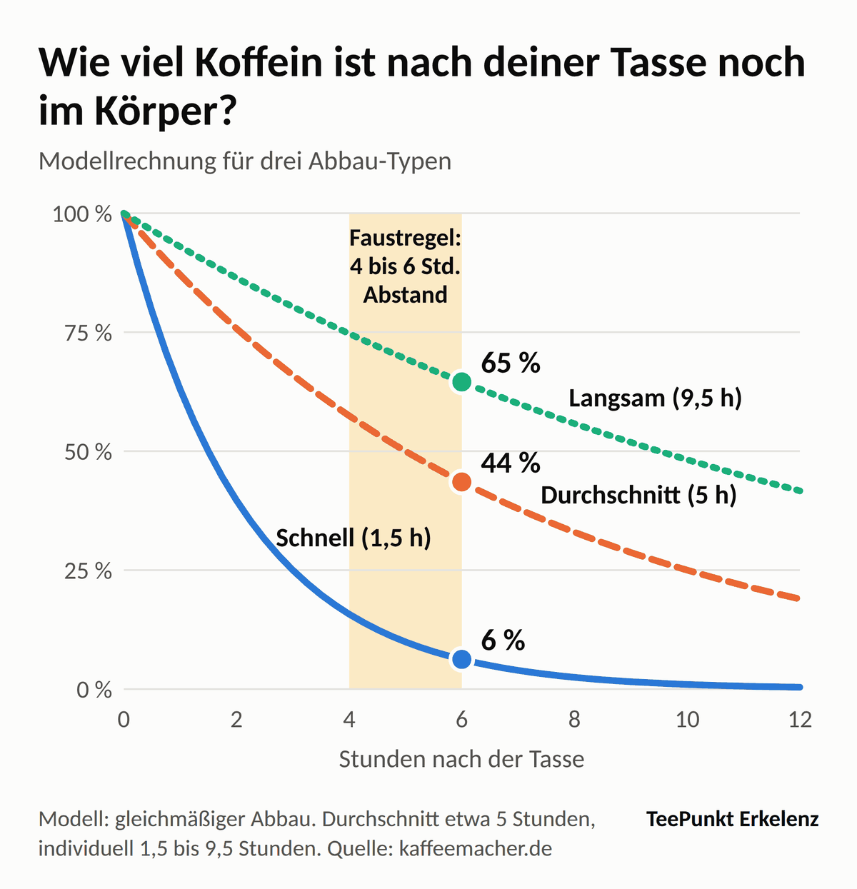Liniendiagramm zum Koffeinabbau nach einer Tasse Tee: nach sechs Stunden sind bei schnellem Abbau noch 6 Prozent, im Durchschnitt 44 Prozent und bei langsamem Abbau 65 Prozent im Körper