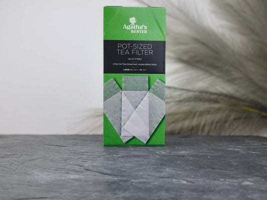 Produktfoto der Verpackung mit Teefiltern für Kannen, Papierfilter ohne Halter, bis zu 2 Liter, chlorfrei gebleicht.