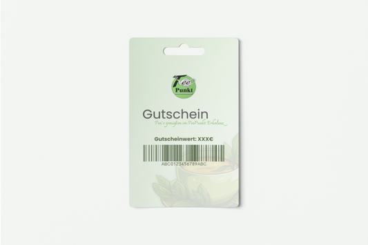 Produktfoto einer TeePunkt Erkelenz Geschenkgutschein-Karte mit Barcode und Gutscheinwert-Feld.