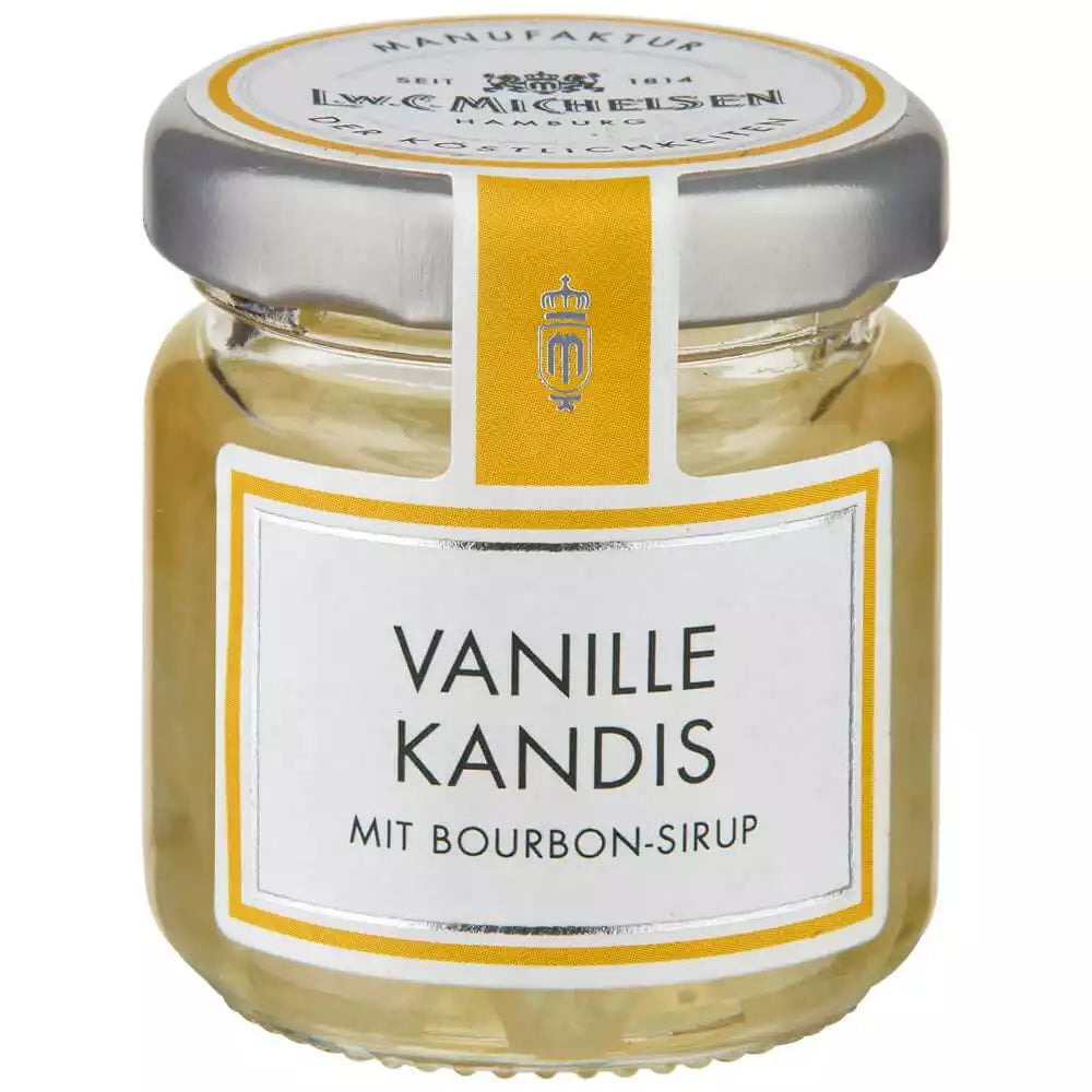 Vanille Kandis im kleinen Glas von L.W.C. Michelsen mit Bourbon-Sirup und gelbem Etikett auf weißem Hintergrund