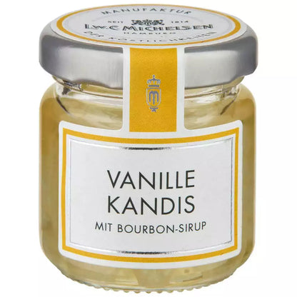 Vanille Kandis im kleinen Glas von L.W.C. Michelsen mit Bourbon-Sirup und gelbem Etikett auf weißem Hintergrund