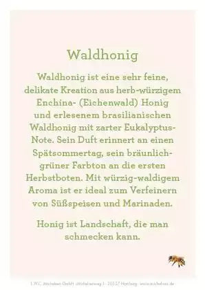 Produktbeschreibung Waldhonig mit Text über Geschmack, Aroma und Herkunft auf hellem Hintergrund mit kleiner Biene unten rechts