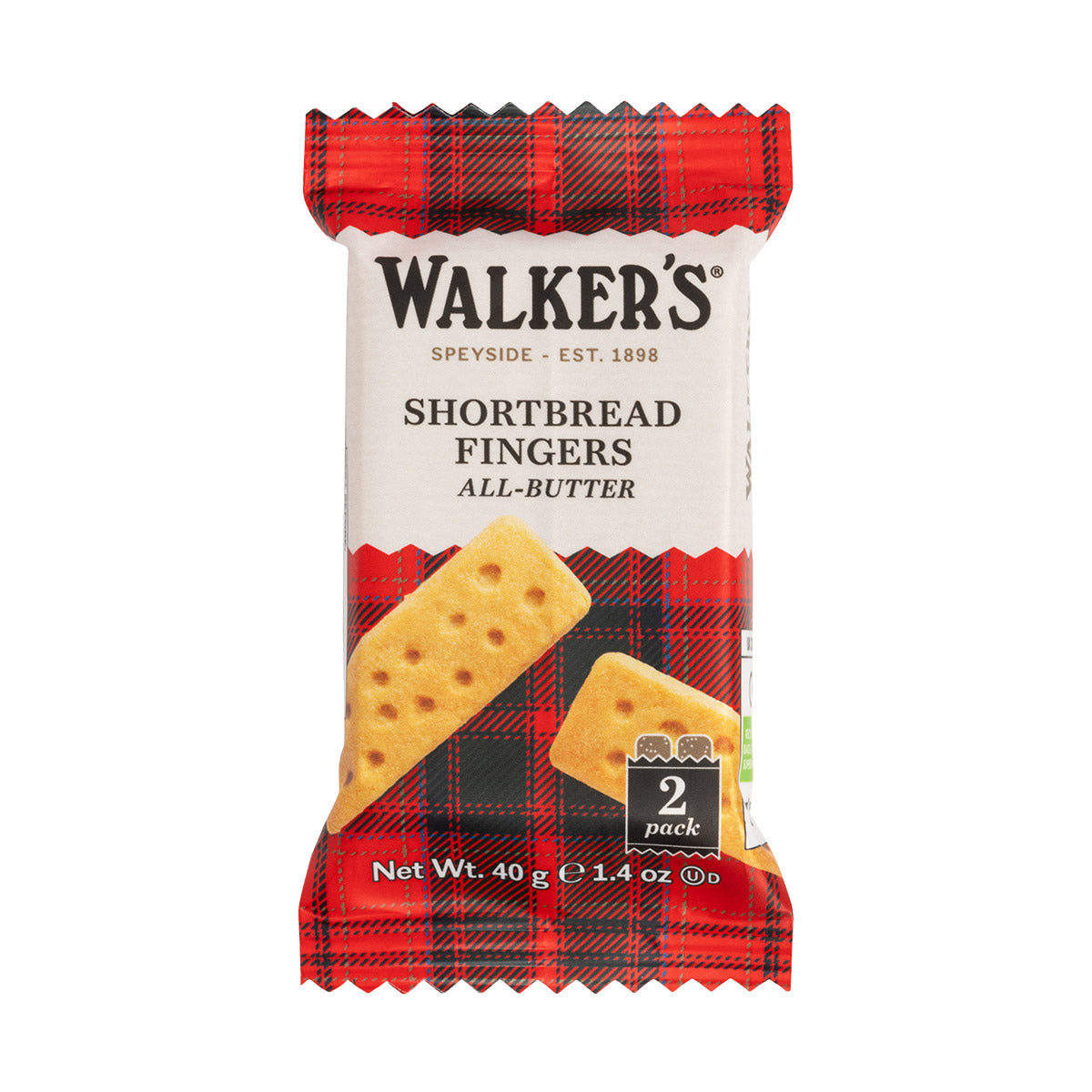 Produktfoto der Verpackung von Walker's Shortbread Fingers All-Butter, 2er-Packung, schottischer Genuss, 40 g.