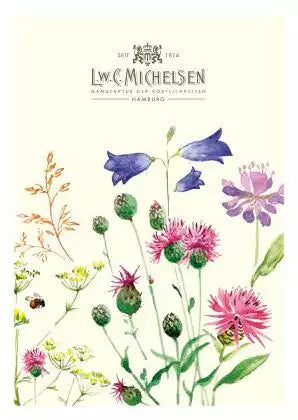 Illustration verschiedener Wildblumen mit L.W.C. Michelsen Schriftzug auf hellem Hintergrund, dekoratives Motiv für Wildblütenhonig